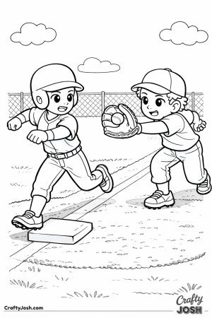 This coloring page shows a dramatic close play at first base