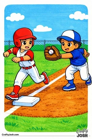 This coloring page shows a dramatic close play at first base