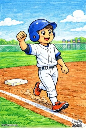 A young Little League baseball player is shown just after crossing home plate, slowing down with a small fist pump and a proud smile while teammates ..
