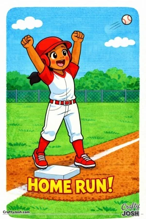 This coloring page shows a young baseball player celebrating a home run with raised arms