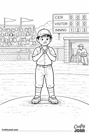 This coloring page shows a young pitcher standing on the mound holding the baseball tightly before throwing his first pitch, with a crowd, coach, and ..
