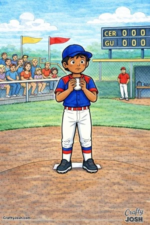 This coloring page shows a young pitcher standing on the mound holding the baseball tightly before throwing his first pitch, with a crowd, coach, and ..