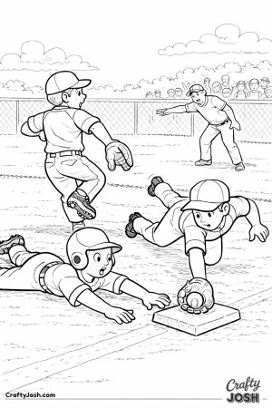 This coloring page shows a pitcher spinning toward first base during a pickoff attempt as a runner dives back to the bag and the first baseman ..