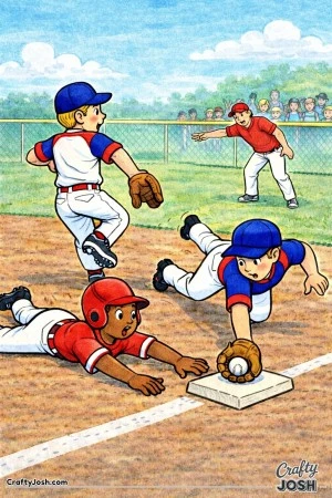 This coloring page shows a pitcher spinning toward first base during a pickoff attempt as a runner dives back to the bag and the first baseman ..