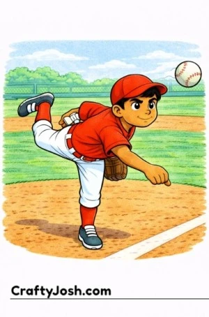 A young pitcher completes his pitching motion with a focused expression, balanced on one leg as the ball leaves his hand