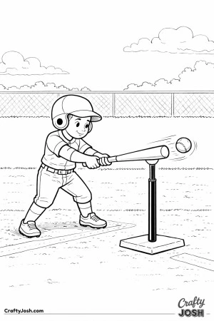 This coloring page shows a young baseball player hitting a ball off a practice tee on an open field