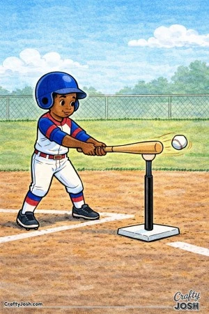 This coloring page shows a young baseball player hitting a ball off a practice tee on an open field