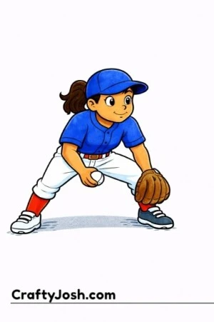A young shortstop stands in a balanced ready stance, holding a baseball and glove while preparing for the next play