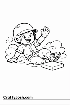 A Little League baseball player slides feet-first into second base with an excited expression as dust clouds rise around the base