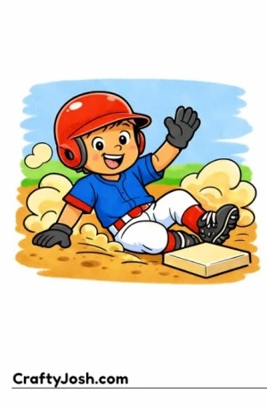 A Little League baseball player slides feet-first into second base with an excited expression as dust clouds rise around the base
