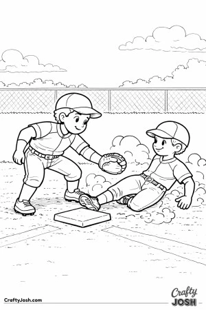 This coloring page shows an infielder reaching to tag a sliding runner at second base during a Little League baseball game