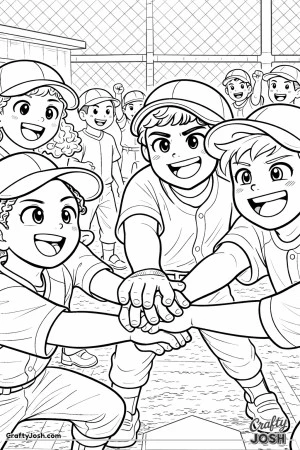 A group of young Little League baseball players is shown forming a tight cheer circle with their hands stacked together near the dugout