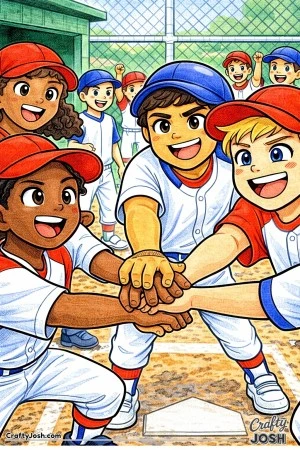 A group of young Little League baseball players is shown forming a tight cheer circle with their hands stacked together near the dugout