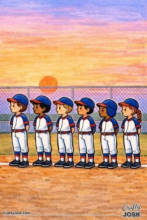 This coloring page shows a Little League baseball team standing side by side along the baseline with the sun and fence behind them