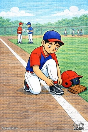 This coloring page shows a young baseball player kneeling near the foul line as he ties his shoelaces