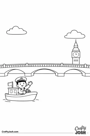 This picture shows London Bridge stretching across calm water, with Big Ben standing quietly in the distance and a boat captain waving from below