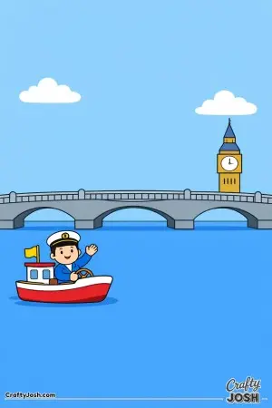 This picture shows London Bridge stretching across calm water, with Big Ben standing quietly in the distance and a boat captain waving from below