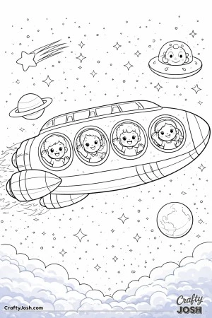 A long spaceship flies through outer space