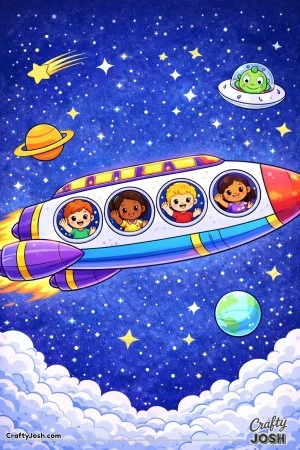 A long spaceship flies through outer space