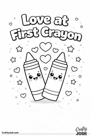 This playful Valentine’s Day coloring page features two smiling crayons with the sweet phrase “Love at First Crayon.”