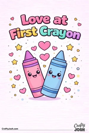 This playful Valentine’s Day coloring page features two smiling crayons with the sweet phrase “Love at First Crayon.”