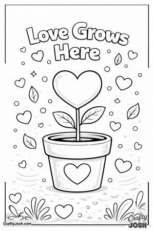 This gentle Valentine’s Day coloring page features a heart-shaped plant growing from a flower pot with the sweet message “Love Grows Here.” ..