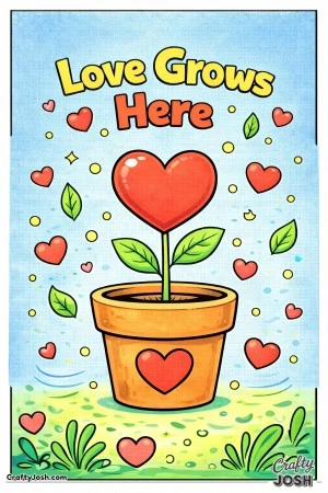 This gentle Valentine’s Day coloring page features a heart-shaped plant growing from a flower pot with the sweet message “Love Grows Here.” ..