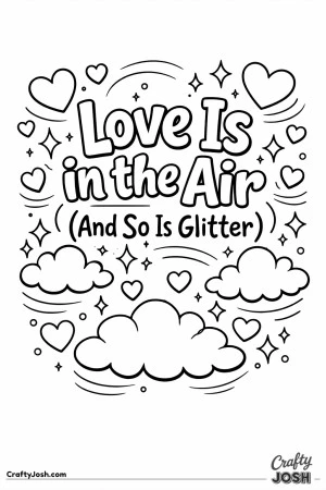 This fun Valentine’s Day coloring page features the playful phrase “Love Is in the Air (And So Is Glitter)” floating among clouds, hearts, and ..