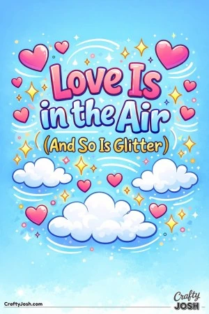 This fun Valentine’s Day coloring page features the playful phrase “Love Is in the Air (And So Is Glitter)” floating among clouds, hearts, and ..
