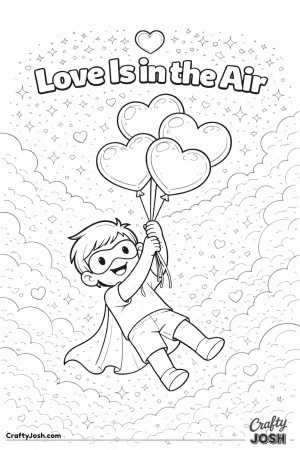 This Valentine’s Day coloring page features a flying character holding heart-shaped balloons with the message “Love Is in the Air.”