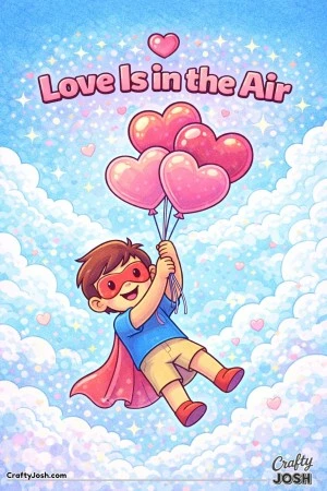 This Valentine’s Day coloring page features a flying character holding heart-shaped balloons with the message “Love Is in the Air.”