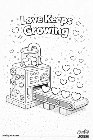 This creative Valentine’s Day coloring page features a playful heart-making machine producing love on a conveyor belt with the message “Love ..