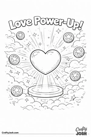This fun Valentine’s Day coloring page features a heart-shaped “Love Power-Up” floating above a glowing platform with clouds, coins, and ..