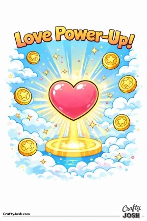 This fun Valentine’s Day coloring page features a heart-shaped “Love Power-Up” floating above a glowing platform with clouds, coins, and ..