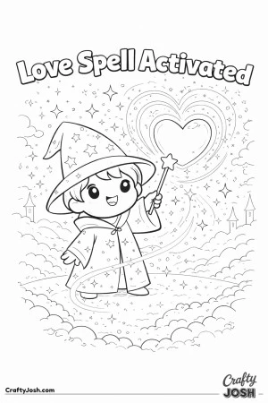 This magical Valentine’s Day coloring page features a cute wizard casting a heart-shaped love spell with sparkles and stars, paired with the phrase ..