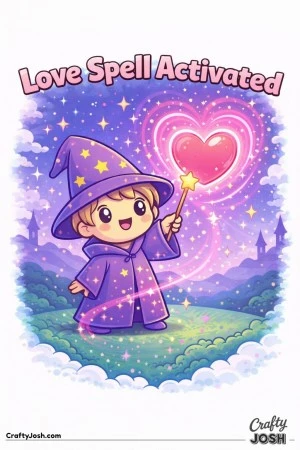 This magical Valentine’s Day coloring page features a cute wizard casting a heart-shaped love spell with sparkles and stars, paired with the phrase ..