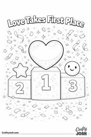 This Valentine’s Day coloring page features a leaderboard podium with a heart proudly in first place, surrounded by confetti, stars, and smiles, ..