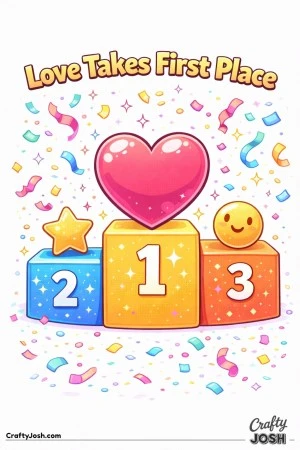 This Valentine’s Day coloring page features a leaderboard podium with a heart proudly in first place, surrounded by confetti, stars, and smiles, ..