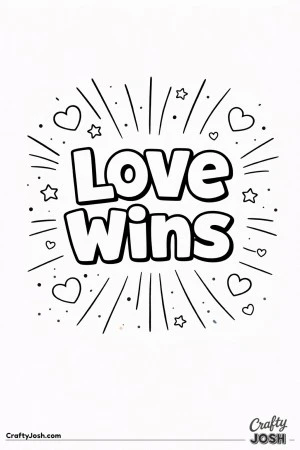 This uplifting Valentine’s Day coloring page features the bold message “Love Wins” surrounded by hearts, stars, and radiant lines.