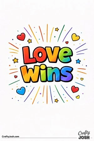 This uplifting Valentine’s Day coloring page features the bold message “Love Wins” surrounded by hearts, stars, and radiant lines.