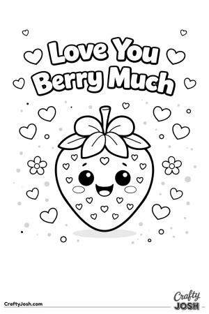 This sweet Valentine’s Day coloring page features a smiling strawberry with heart details and the fun phrase “Love You Berry Much.”