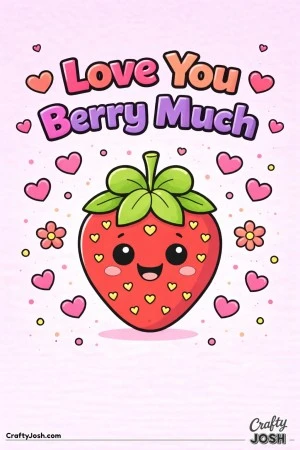 This sweet Valentine’s Day coloring page features a smiling strawberry with heart details and the fun phrase “Love You Berry Much.”
