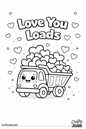 This cheerful Valentine’s Day coloring page features a smiling dump truck overflowing with hearts and the sweet message “Love You Loads.”