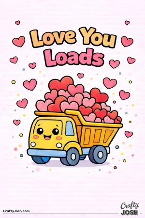 This cheerful Valentine’s Day coloring page features a smiling dump truck overflowing with hearts and the sweet message “Love You Loads.”