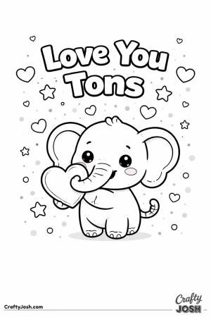 This adorable Valentine’s Day coloring page features a smiling elephant holding a heart with the sweet message “Love You Tons.”