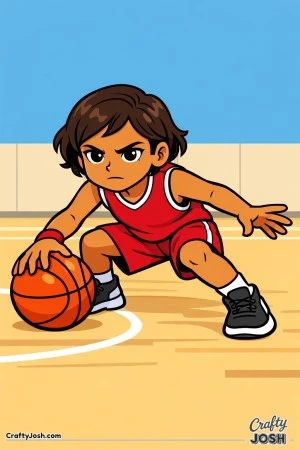 A young basketball player dribbles the ball very low to the ground with strong focus and control during practice on a gym court