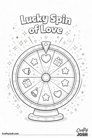 This Valentine’s Day coloring page features a themed prize wheel landing on a heart with the phrase “Lucky Spin of Love.”