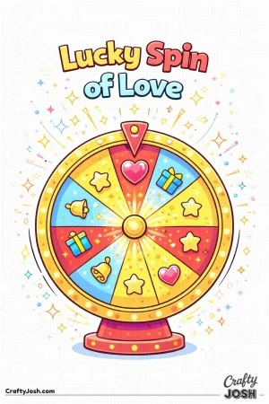 This Valentine’s Day coloring page features a themed prize wheel landing on a heart with the phrase “Lucky Spin of Love.”