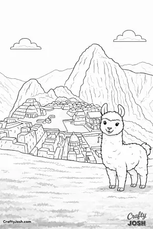 Inspired by a bright color illustration, a happy llama stands in front of the famous Machu Picchu ruins