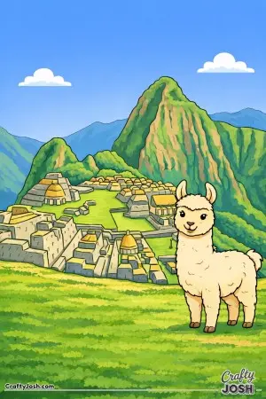 Inspired by a bright color illustration, a happy llama stands in front of the famous Machu Picchu ruins